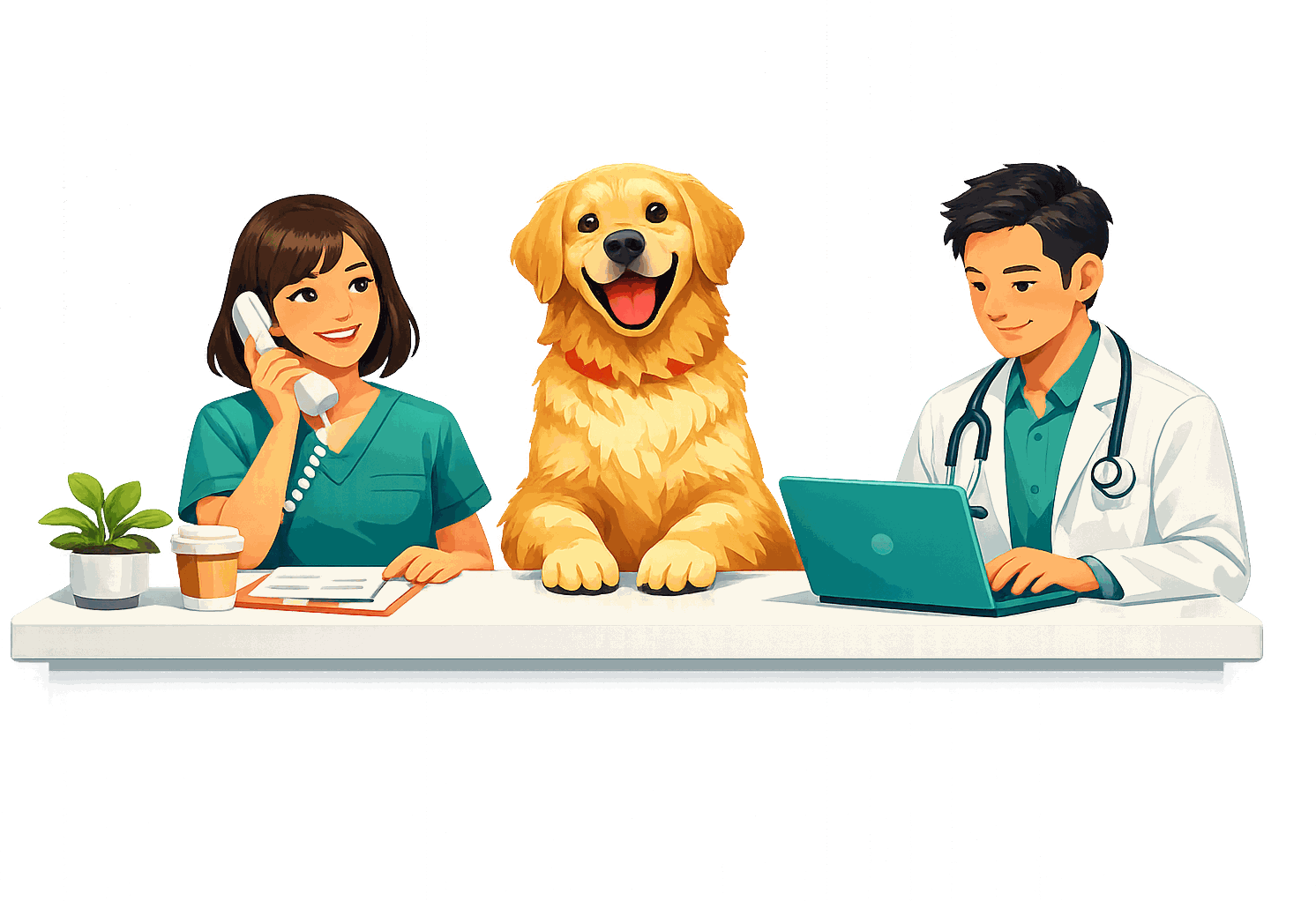 受付スタッフと獣医師と犬。動物病院の裏方業務をAIと人の確認で支えるイメージイラスト